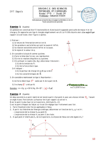 Devoir (7) de Physique-chimie 1ère D EMPT Bingerville