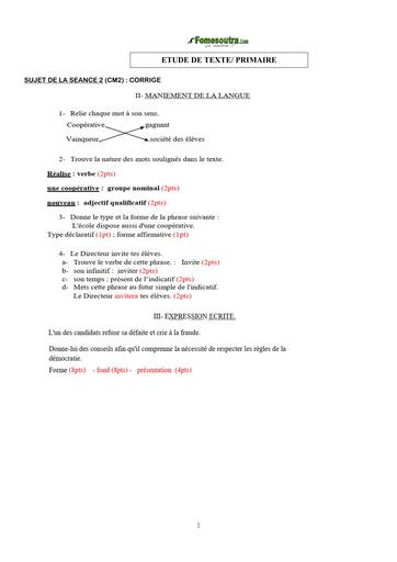 COURS DE VACANCES PRIMAIRE ETUDE DE TEXTE CORRIGE SUJET 1B CM BY TEHUA