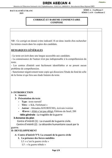 BAC blanc régional 2025 dren Abidjan 4 français COMMENTAIRE COMPOSE CORRIGE ET BAREME SERIE ACD by TEHUA
