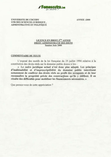 Epreuve de Droit Administratif des Biens - Juin 2000