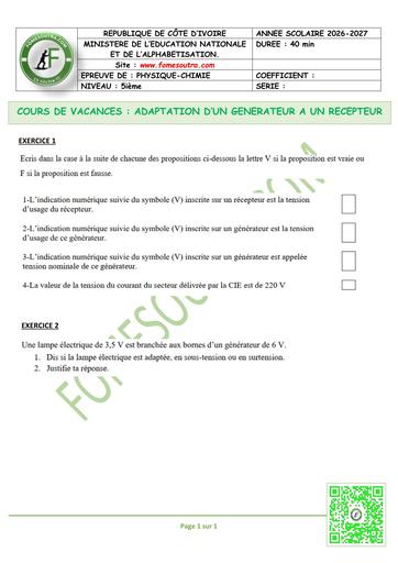FICHE 2 PC 5ième L1 ADAPTATION D’UN GENERATEUR A UN RECEPTEUR by TEHUA