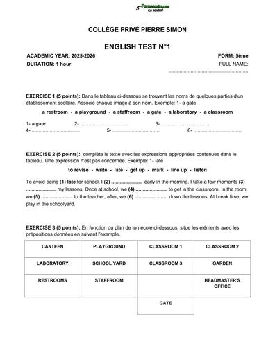 DEVOIR ANGLAIS N°1 NIVEAU 5ième CPPS 2027 BY TEHUA