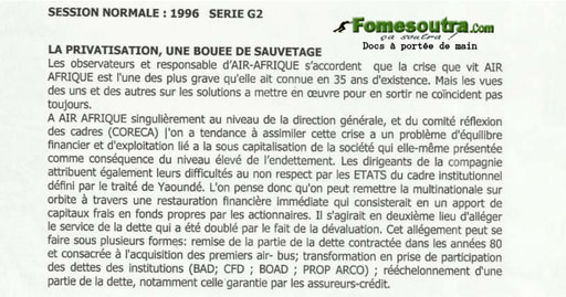 Sujet d'Economie Générale - d'Economie Entreprise - De Droit des BAC G1 et G2 1996