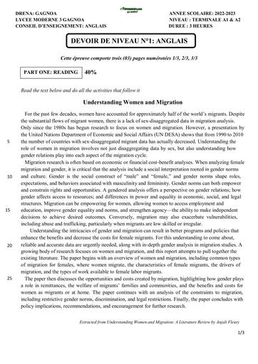 SUJET TLe A DEVOIR DE NIVEAU ANGLAIS TLE A DRENA GAGNOA BY TEHUA