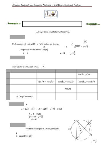 DEVOIR REGIONAL KORHOGO 2025 BEPC MATHS 3ième sujet BY TEHUA