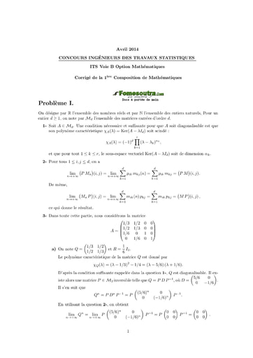 Corrigé 1ère épreuve de maths ITS B option Maths 2014 (ENSEA)