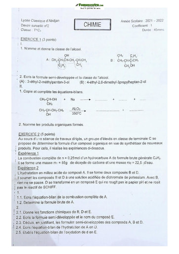 Sujet Terminale D Physique-Chimie Lycée Classique Abidjan 2021-2022