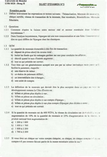 Sujet corrigé (3) Monnaie et Politique Microéconomique - DEUG II - UFR SED - Université de Bouaké