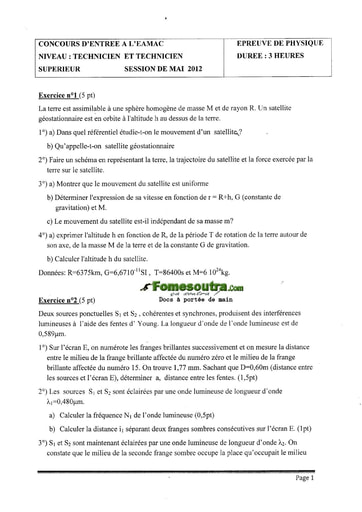 Sujet de Physique Concours EAMAC cycle Technicien Supérieur et Technicien session 2012