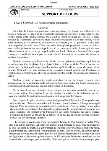 Sujets de composition française Niveau Troisième Collège Sainte Foi Abidjan 2023