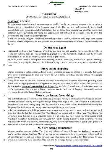 DEVOIR ANGLAIS NIVEAU Tle A N°3 2021 BY TEHUA