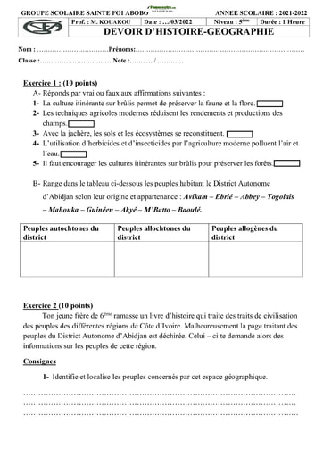 Devoir Histoire-Géographie 5ème 2021-2022