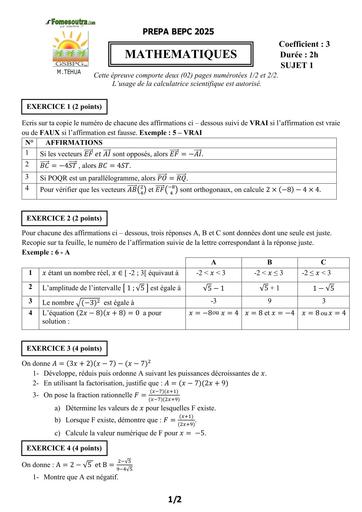 PREPA BEPC 2025 MATHS FICHE 1 BY TEHUA
