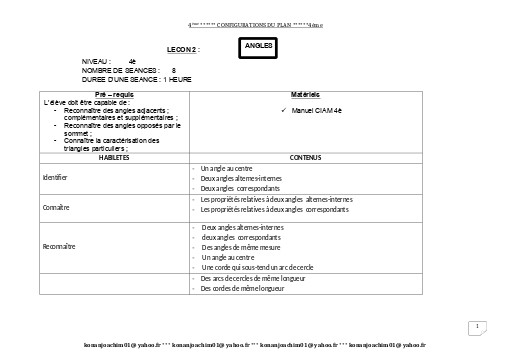 Fiche de cours Maths 4ième Leçon 2 Angles by TEHUA