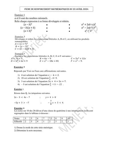 FICHE DE RENFO 4IEME MATHS 20 AVRIL 2024 by Tehua