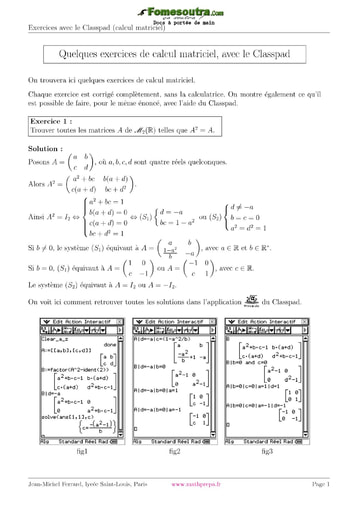 Sujet corrigé : Calcul matriciel, avec le Classpad