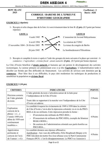 Bepc blanc régional 2025 dren abidjan 4 histoire géogragraphie CORRIGE ET BAREME BY TEHUA