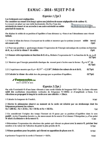 Sujet de Physique Concours EAMAC cycle Technicien Supérieur et Technicien session 2014