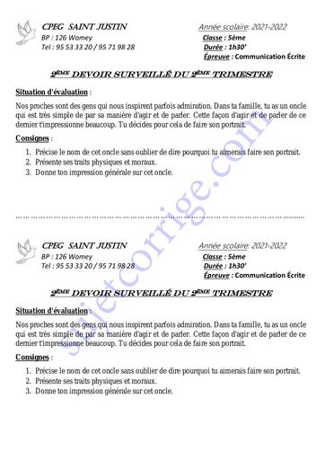 SUJET 2ÈME DEVOIR DU 2ÈME T COMMUNICATION ÉCRITE 5ÈME 2021-2022 CPEG SAINT JUSTIN by Tehua.pdf