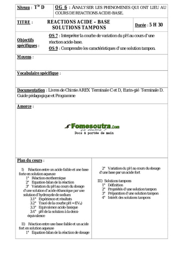 Réactions Acide - Base - Solutions tampons - Chimie Terminale D