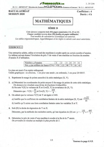 Sujet de Maths BAC D 2020