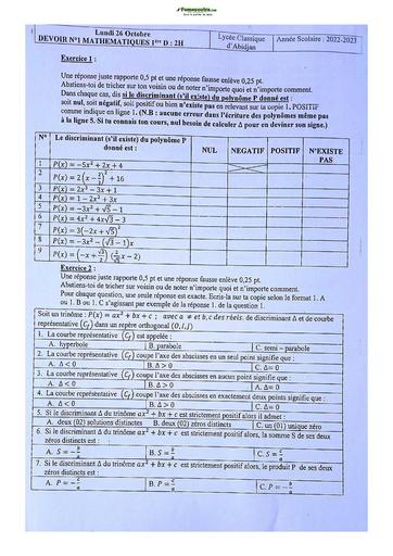 Sujet de Mathématique Première D Lycée Classique Abidjan 2022-2023