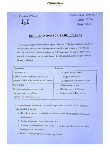 Sujet de SVT niveau Première D Lycée Classique Abidjan 2022-2023