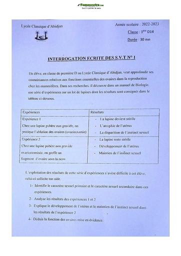 Sujet de SVT niveau Première D Lycée Classique Abidjan 2022-2023