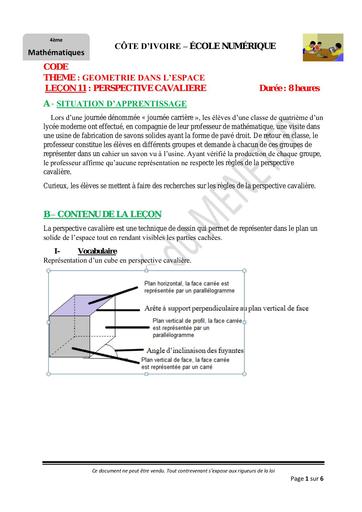 4e Maths leçon 9 Perspective Cavaliere