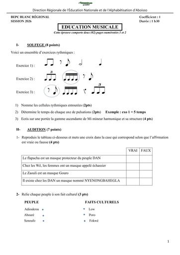 BEPC BLANC 2026 DRENA ABOISSO SUJET EDUCATION MUSICALE (SUJET) by TEHUA