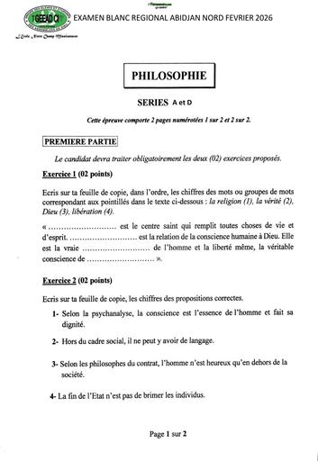 BAC BLANC FEVRIER 2026 DRENA ABIDJAN NORD SUJET PHILOSOPHIE SERIE AD (SUJET) by TEHUA