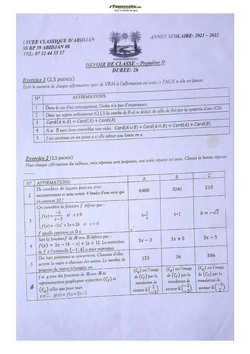 Sujets de mathématiques Première C Lycée Classique Abidjan  2023