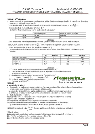 Sujet (11) de Physique portant sur l'interaction gravitationnelle Terminale C