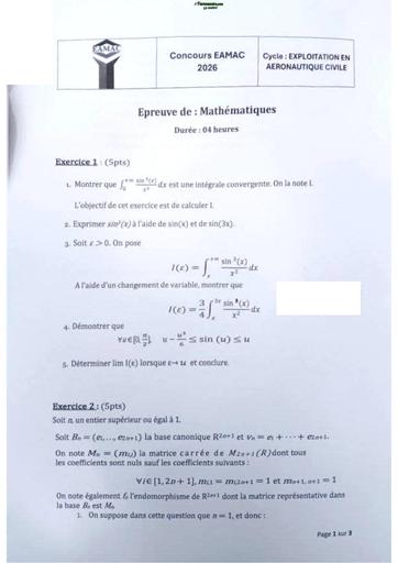 Concours EAMAC 2026 Cycle exploitation aéronautique civile épreuve de maths By TEHUA
