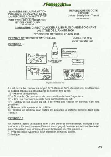 Sujet de Sciences Naturelles concours Aide Soignante 2006