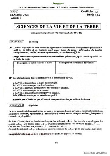 BEPC 2025 Sujets et corrigés (Zone 1,2,3) SVT Côte d'Ivoire BY TEHUA