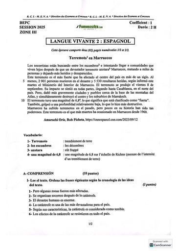 BEPC session 2025 Zone 3 sujet de LV2 Espagnol Côte d'Ivoire By TEHUA