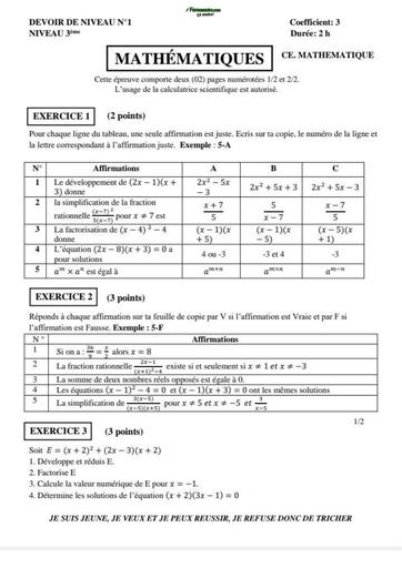 DEVOIR DE MATHS NIVEAU 3ième 2023 N°1 BY TEHUA