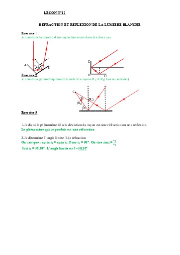 Corrigés Leçon 12 Reflexion et réfraction de la lumière