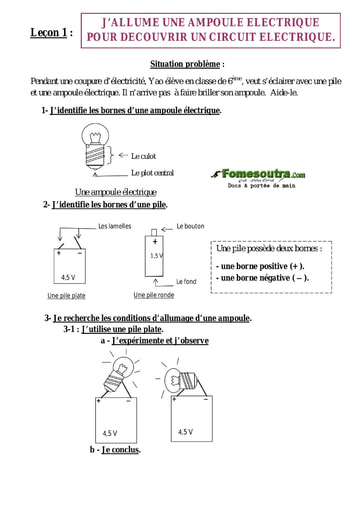 Leçon 1 : J’allume une ampoule électrique pour découvrir un circuit électrique - Cours physique 6eme