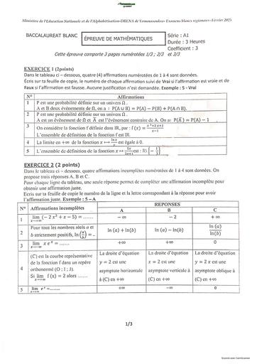 BAC BLANC 2026 DRENA YAMOUSSOUKRO MATHS SERIE A1 (SUJET) by TEHUA