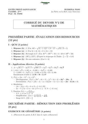 Devoir de maths N2 niveau 3eme trimestre 2 correction by TEHUA