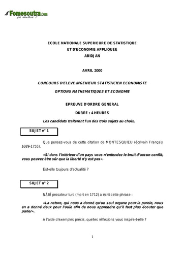 Sujet d'ordre générale ISE 2000 (ENSEA)