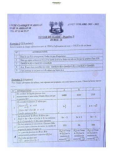 Sujet de Mathématique Première D Lycée Classique Abidjan  2023