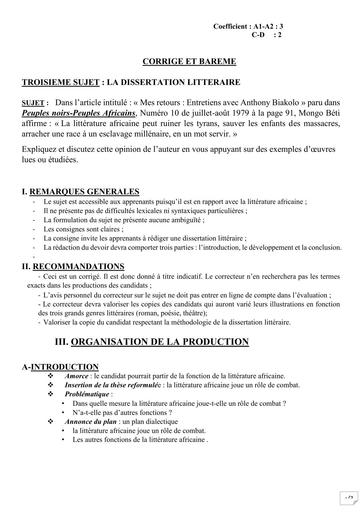 Bac blanc 2026 Français (dissertation) série ABCD barème Drena Abidjan 4 By Tehua