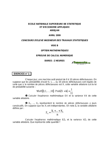 Sujet Calcul numérique ITS B option Maths 1999 (ENSEA)