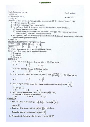 Sujet de Mathématiques Seconde C Lycée Classique Abidjan 2022-2023