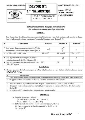 DEVOIR DE MATHS NIVEAU 2nde C DREN YAKRO COLLEGE KONAN 2023 BY TEHUA