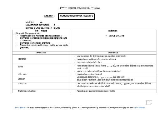 Fiche de cours Maths 4ième Leçon 1 Nombres décimaux relatifs by TEHUA