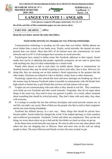 DEVOIR ANGLAIS N°2 NIVEAU Tle A SOCIAL MEDIA 2027 BY TEHUA